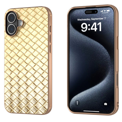 For iPhone 16 Plus Electroplated Frame Woven Texture PU Phone Case(Gold) - iPhone 16 Plus Cases by buy2fix | Online Shopping UK | buy2fix