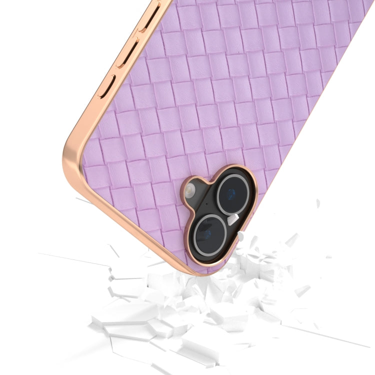 For iPhone 16 Plus Electroplated Frame Woven Texture PU Phone Case(Purple) - iPhone 16 Plus Cases by buy2fix | Online Shopping UK | buy2fix