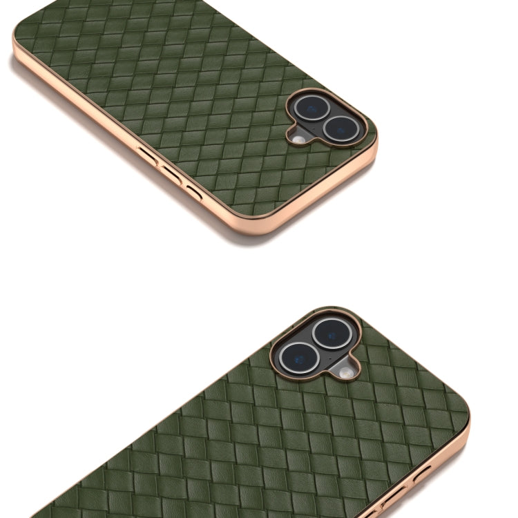 For iPhone 16 Electroplated Frame Woven Texture PU Phone Case(Green) - iPhone 16 Cases by buy2fix | Online Shopping UK | buy2fix