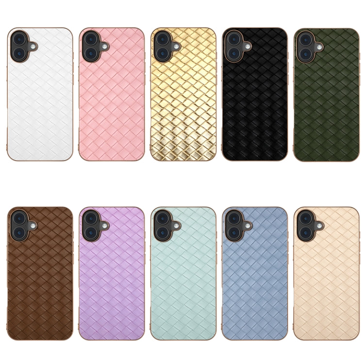 For iPhone 16 Electroplated Frame Woven Texture PU Phone Case(Green) - iPhone 16 Cases by buy2fix | Online Shopping UK | buy2fix