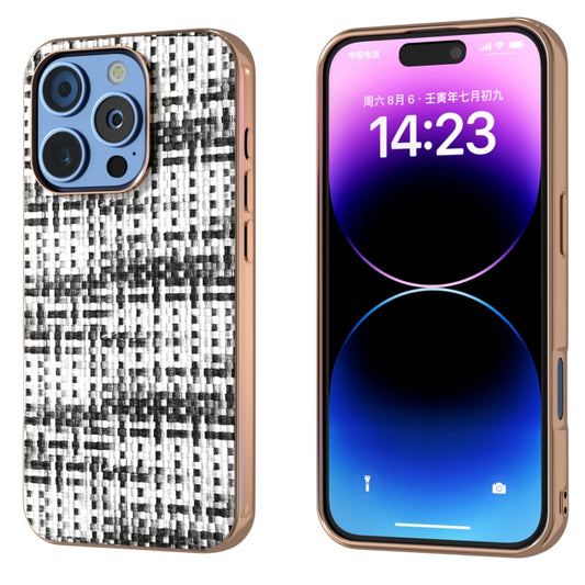 For iPhone 16 Pro Electroplated Frame Color Lattice Texture PU Phone Case(Black) - iPhone 16 Pro Cases by buy2fix | Online Shopping UK | buy2fix