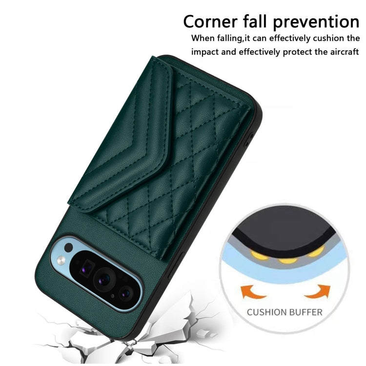 For Google Pixel 9 / 9 Pro Rhombic Texture Card Bag RFID Phone Case with Long Lanyard(Green) - Google Cases by buy2fix | Online Shopping UK | buy2fix