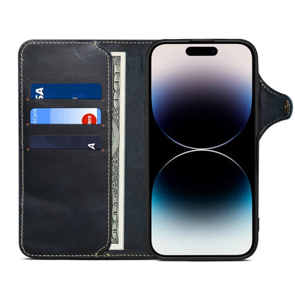 For iPhone 16 Denior B01 Oil Wax Cowhide Magnetic Button Genuine Leather Case(Blue) - iPhone 16 Cases by Denior | Online Shopping UK | buy2fix