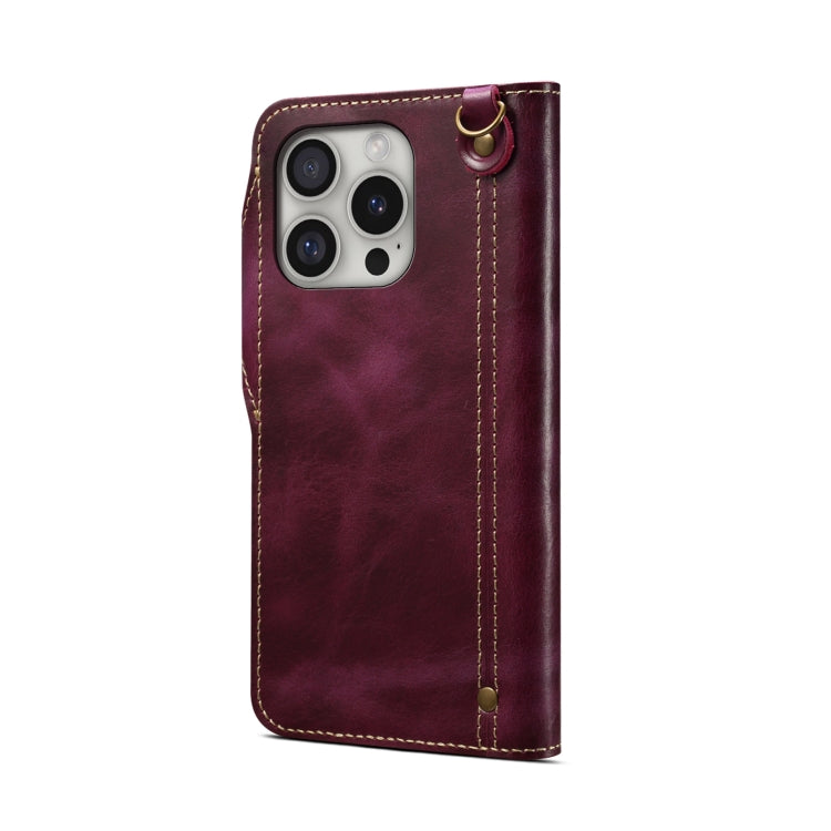 For iPhone 16 Pro Denior B01 Oil Wax Cowhide Magnetic Button Genuine Leather Case(Red) - iPhone 16 Pro Cases by Denior | Online Shopping UK | buy2fix