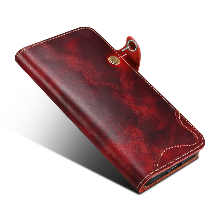 For iPhone 16 Pro Denior B01 Oil Wax Cowhide Magnetic Button Genuine Leather Case(Red) - iPhone 16 Pro Cases by Denior | Online Shopping UK | buy2fix