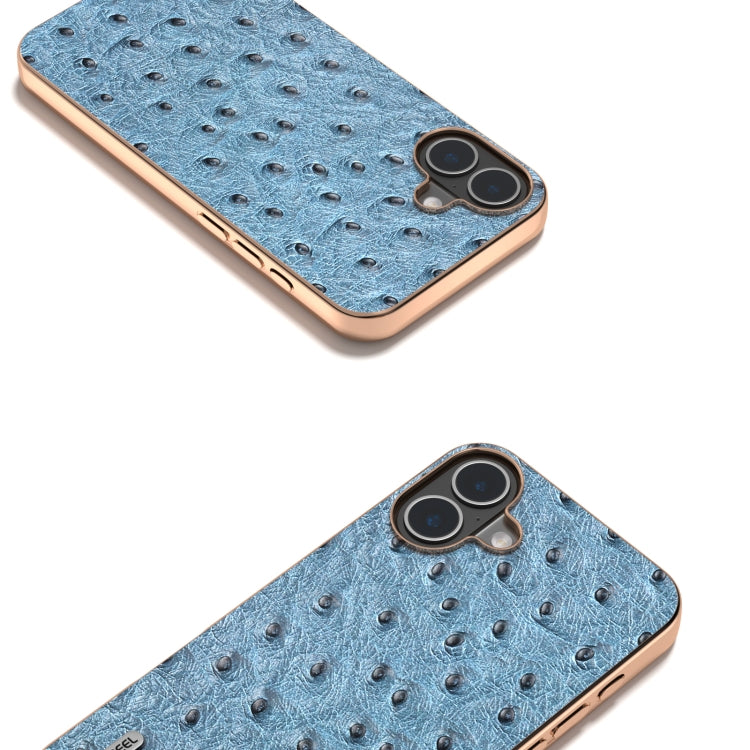 For iPhone 16 Plus ABEEL Electroplating Frame Genuine Leather Ostrich Texture Phone Case(Dark Blue) - iPhone 16 Plus Cases by buy2fix | Online Shopping UK | buy2fix