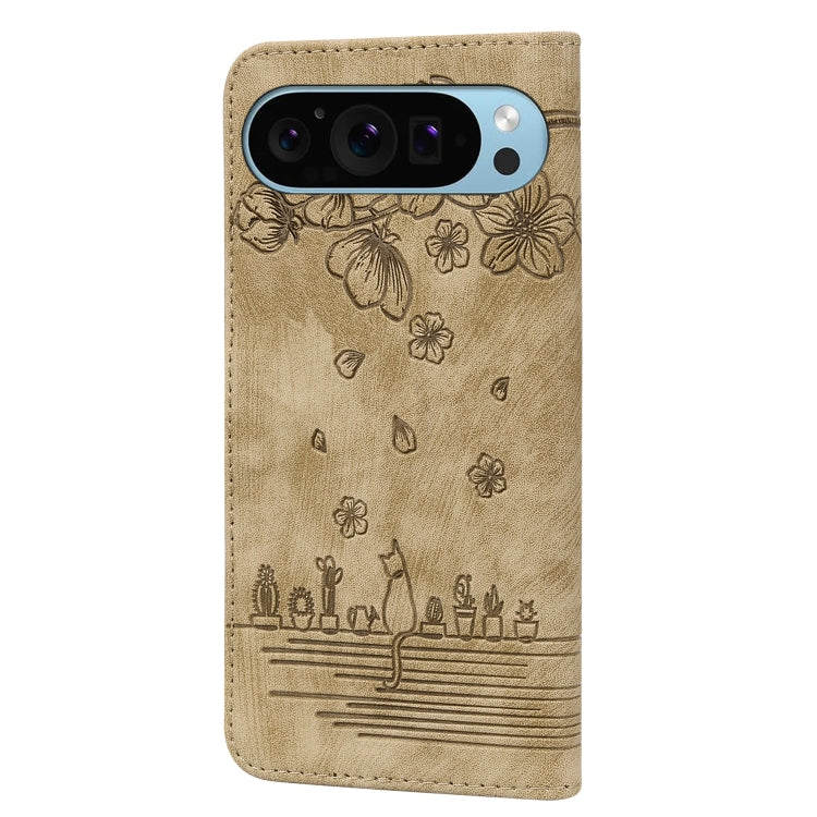 For Google Pixel 9 Pro XL Cartoon Sakura Cat Embossed Leather Phone Case(Brown) - Google Cases by buy2fix | Online Shopping UK | buy2fix