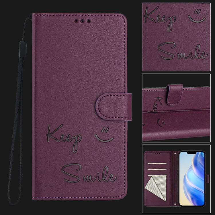 For iPhone SE 2024 Smile Embossing RFID Leather Phone Case(Violet) - More iPhone Cases by buy2fix | Online Shopping UK | buy2fix