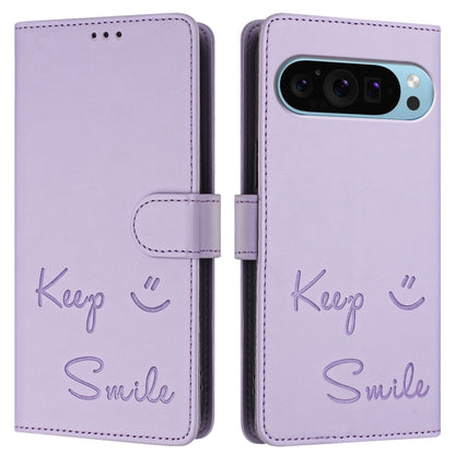 For Google Pixel 9 Pro XL Smile Embossing RFID Leather Phone Case(Light Purple) - Google Cases by buy2fix | Online Shopping UK | buy2fix