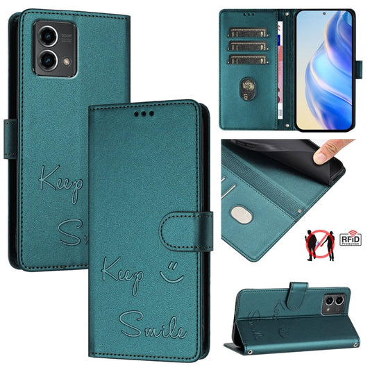 For Motorola Moto G Stylus 5G 2024 Smile Embossing RFID Leather Phone Case(Peacock Green) - Motorola Cases by buy2fix | Online Shopping UK | buy2fix