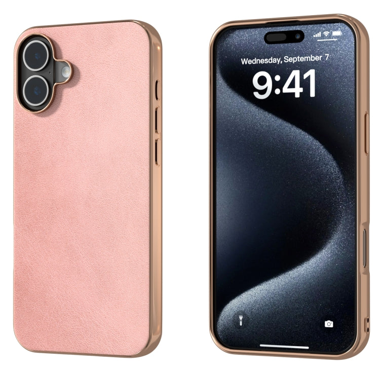 For iPhone 16 Nano Electroplating Dual Color Cowhide Texture Protective Phone Case(Rose Gold) - iPhone 16 Cases by buy2fix | Online Shopping UK | buy2fix