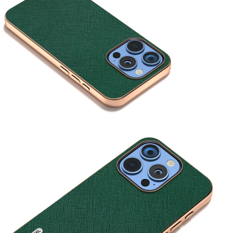 For iPhone 16 Pro ABEEL Electroplating Frame Cross Texture Genuine Leather Phone Case(Green) - iPhone 16 Pro Cases by buy2fix | Online Shopping UK | buy2fix