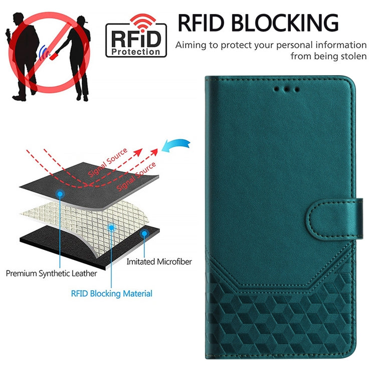 For Boost Mobile Celero 5G 2024 Honeycomb Embossing RFID Leather Phone Case(Peacock Green) - More Brand by buy2fix | Online Shopping UK | buy2fix