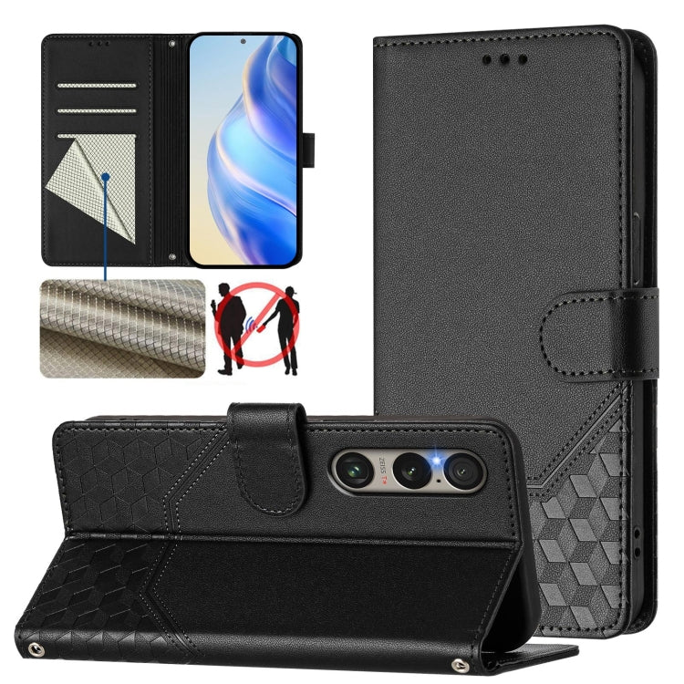 For Sony Xperia 1 VI 2024 Honeycomb Embossing RFID Leather Phone Case(Black) - Sony Cases by buy2fix | Online Shopping UK | buy2fix