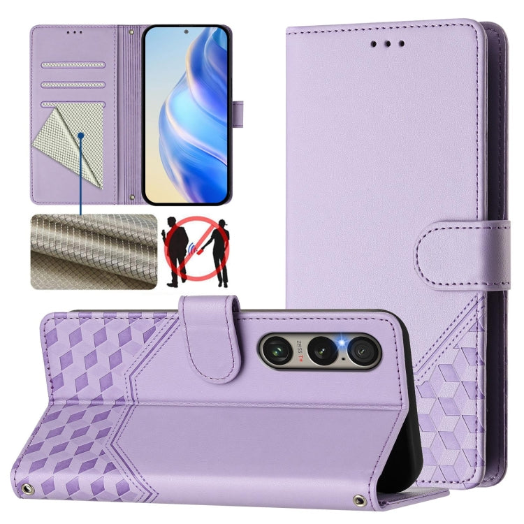 For Sony Xperia 1 VI 2024 Honeycomb Embossing RFID Leather Phone Case(Light Purple) - Sony Cases by buy2fix | Online Shopping UK | buy2fix