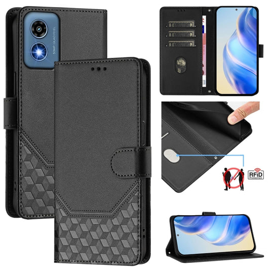 For Motorola Moto G Play 5G 2024 Oversea Honeycomb Embossing RFID Leather Phone Case(Black) - Motorola Cases by buy2fix | Online Shopping UK | buy2fix