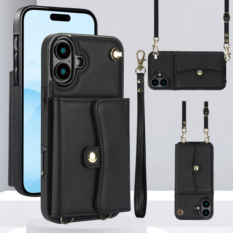 For iPhone 16 RFID Card Slot Phone Case with Long Lanyard(Black) - iPhone 16 Cases by buy2fix | Online Shopping UK | buy2fix