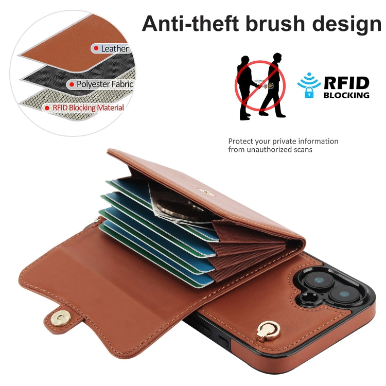 For iPhone 16 RFID Card Slot Phone Case with Long Lanyard(Brown) - iPhone 16 Cases by buy2fix | Online Shopping UK | buy2fix