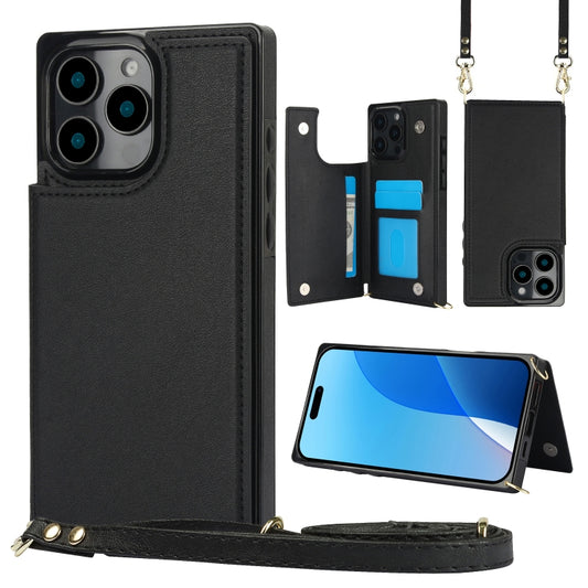 For iPhone 16 Pro Cross-body Square Dual-Buckle Card Flip Wallet Phone Case(Black) - iPhone 16 Pro Cases by buy2fix | Online Shopping UK | buy2fix