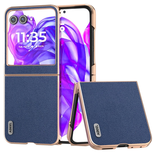 For Motorola Razr 50 ABEEL Electroplating Frame Genuine Leather Luolai Series Phone Case(Dark Blue) - Motorola Cases by buy2fix | Online Shopping UK | buy2fix