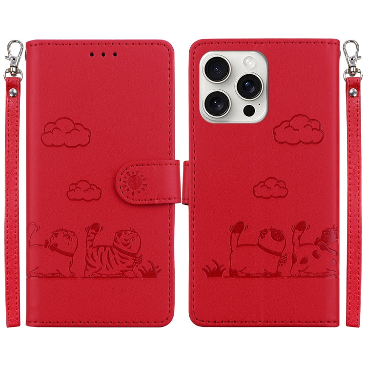 For iPhone 16 Pro Cute Cats RFID Leather Phone Case(Red) - iPhone 16 Pro Cases by buy2fix | Online Shopping UK | buy2fix