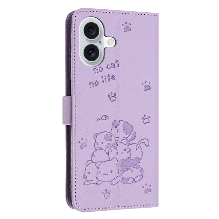 For iPhone 16 Embossed Kitten Phone Leather Case with Lanyard(Purple) - iPhone 16 Cases by buy2fix | Online Shopping UK | buy2fix