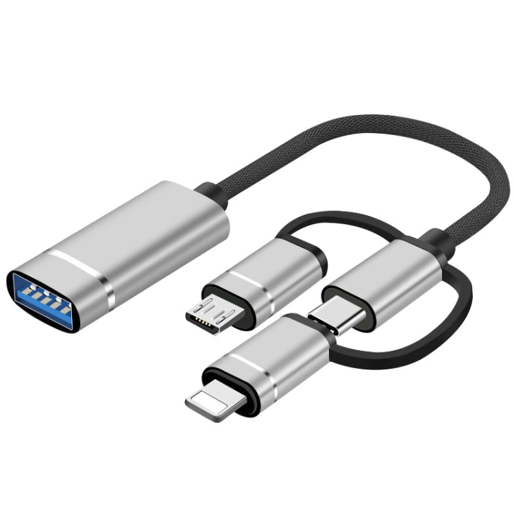 3 in 1 USB Female to Micro USB, Type-C, 8 Pin Male OTG Adapter(Silver) - OTG Adapter by buy2fix | Online Shopping UK | buy2fix