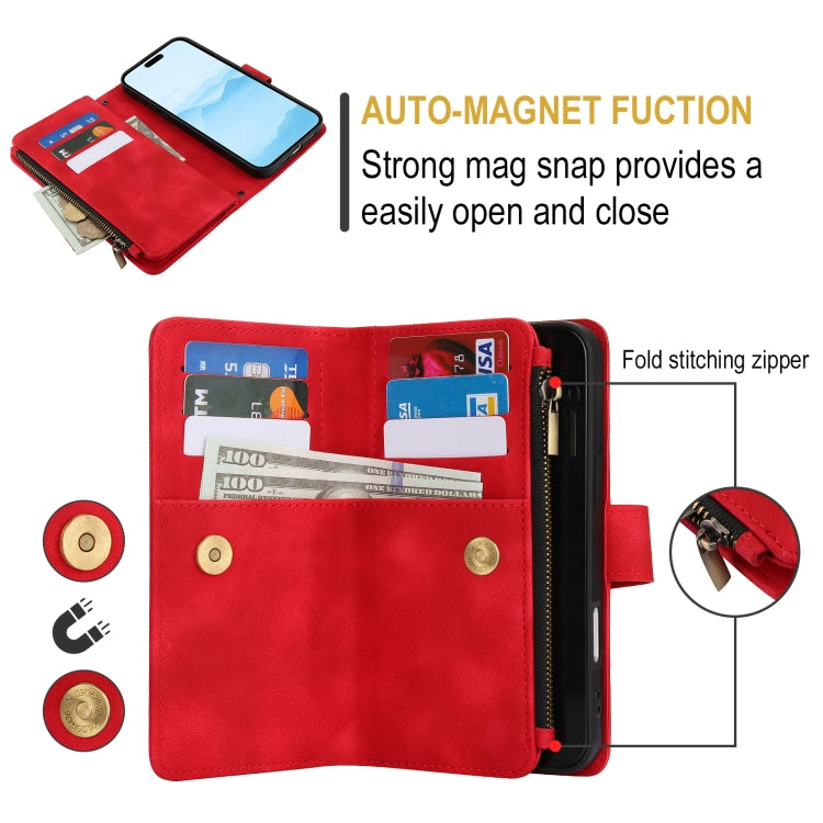 For iPhone 16 Dream 9-Card Zipper Wallet RFID Leather Phone Case with Lanyard(Red) - iPhone 16 Cases by buy2fix | Online Shopping UK | buy2fix