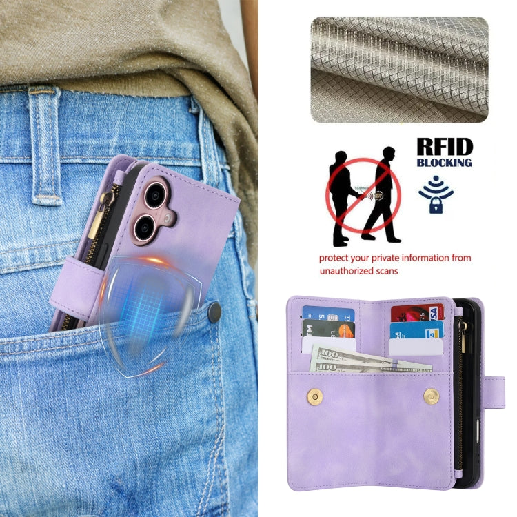 For iPhone 16 Dream 9-Card Zipper Wallet RFID Leather Phone Case with Lanyard(Purple) - iPhone 16 Cases by buy2fix | Online Shopping UK | buy2fix