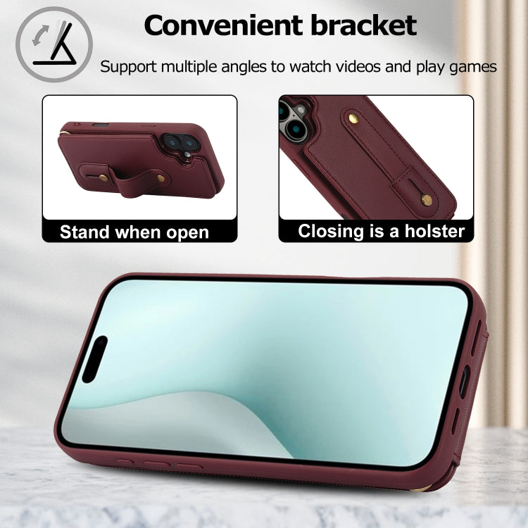 For iPhone 16 Wristband Vertical Flip Wallet Back Cover Phone Case with Long Lanyard(Wine Red) - iPhone 16 Cases by buy2fix | Online Shopping UK | buy2fix