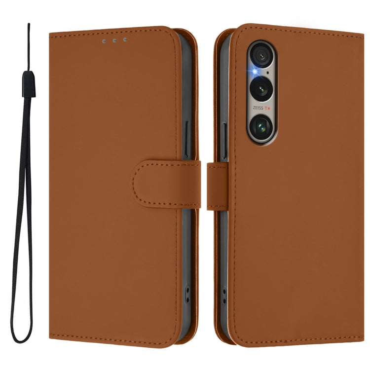 For Sony Xperia 1 VI 2024 Skin Feel Solid Color Leather Phone Case with Lanyard(Brown) - Sony Cases by buy2fix | Online Shopping UK | buy2fix