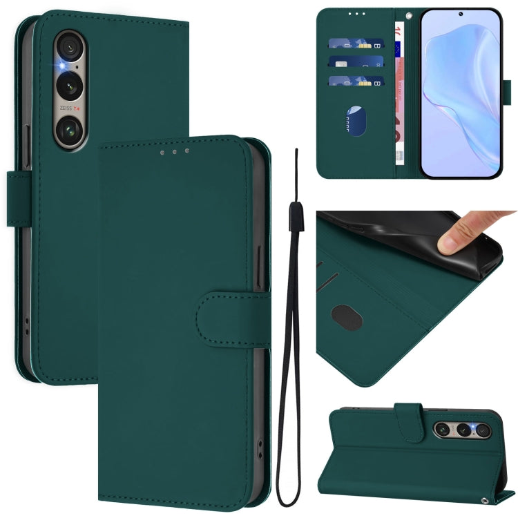 For Sony Xperia 1 VI 2024 Skin Feel Solid Color Leather Phone Case with Lanyard(Dark Green) - Sony Cases by buy2fix | Online Shopping UK | buy2fix