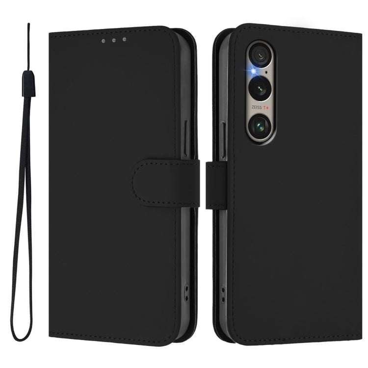 For Sony Xperia 1 VI 2024 Skin Feel Solid Color Leather Phone Case with Lanyard(Black) - Sony Cases by buy2fix | Online Shopping UK | buy2fix