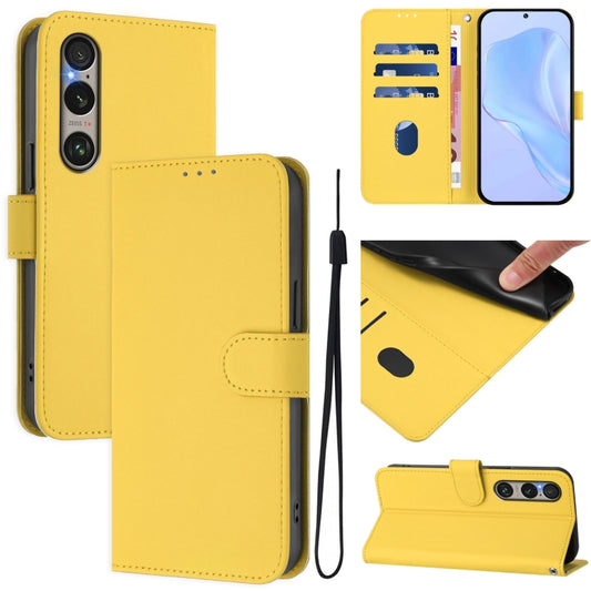 For Sony Xperia 1 VI 2024 Skin Feel Solid Color Leather Phone Case with Lanyard(Lemon Yellow) - Sony Cases by buy2fix | Online Shopping UK | buy2fix