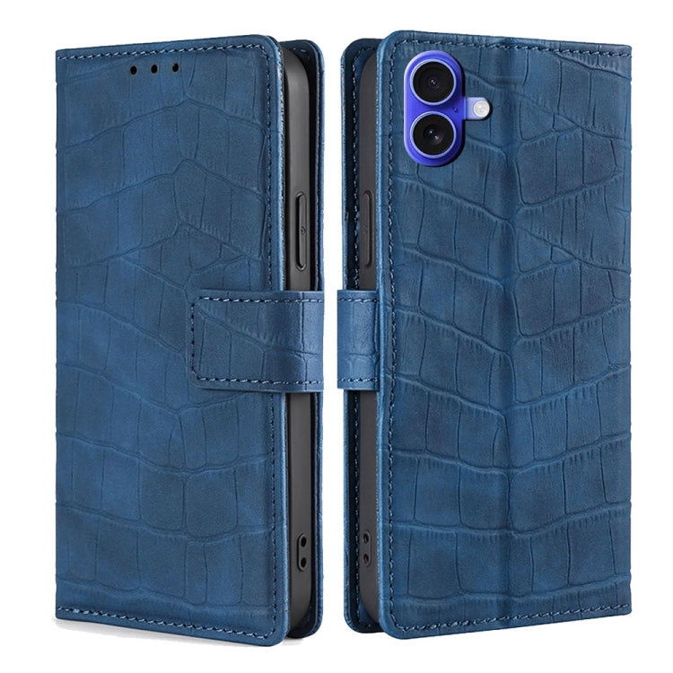 For iPhone 16 Plus Skin Feel Crocodile Magnetic Clasp Leather Phone Case(Blue) - iPhone 16 Plus Cases by buy2fix | Online Shopping UK | buy2fix