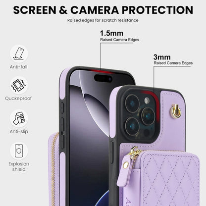 For iPhone 16 Pro Max AwQuer Crossbody Zipper Wallet Rhombic Leather Back Phone Case(Purple) - iPhone 16 Pro Max Cases by Awquer | Online Shopping UK | buy2fix