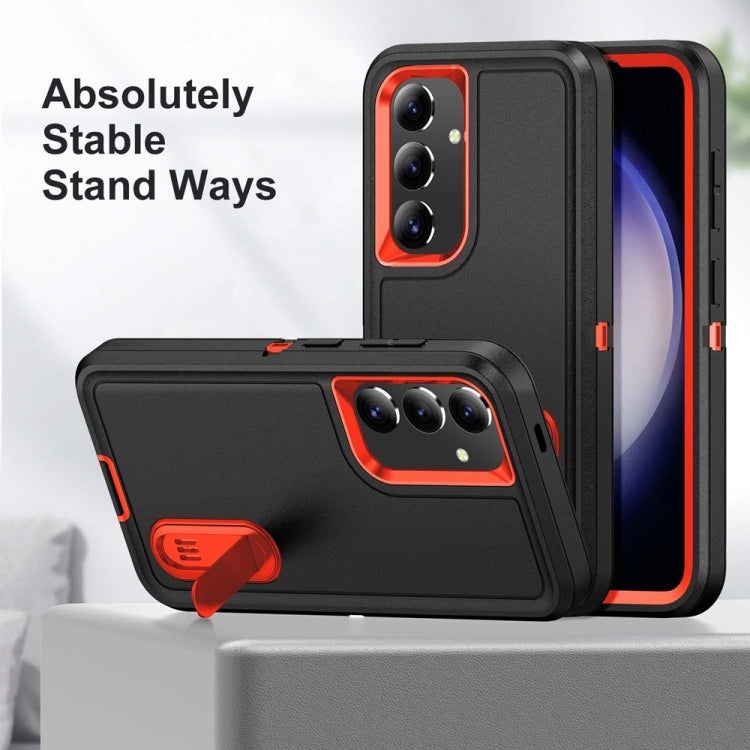 For Samsung Galaxy S24 / S25 5G Rugged PC Hybrid Silicone Phone Case with Holder(Black+Orange) - Galaxy S25 5G Cases by buy2fix | Online Shopping UK | buy2fix