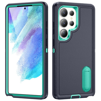 For Samsung Galaxy S25 Ultra 5G Rugged PC Hybrid Silicone Phone Case with Holder(Dark Blue+Light Green) - Galaxy S25 Ultra 5G Cases by buy2fix | Online Shopping UK | buy2fix