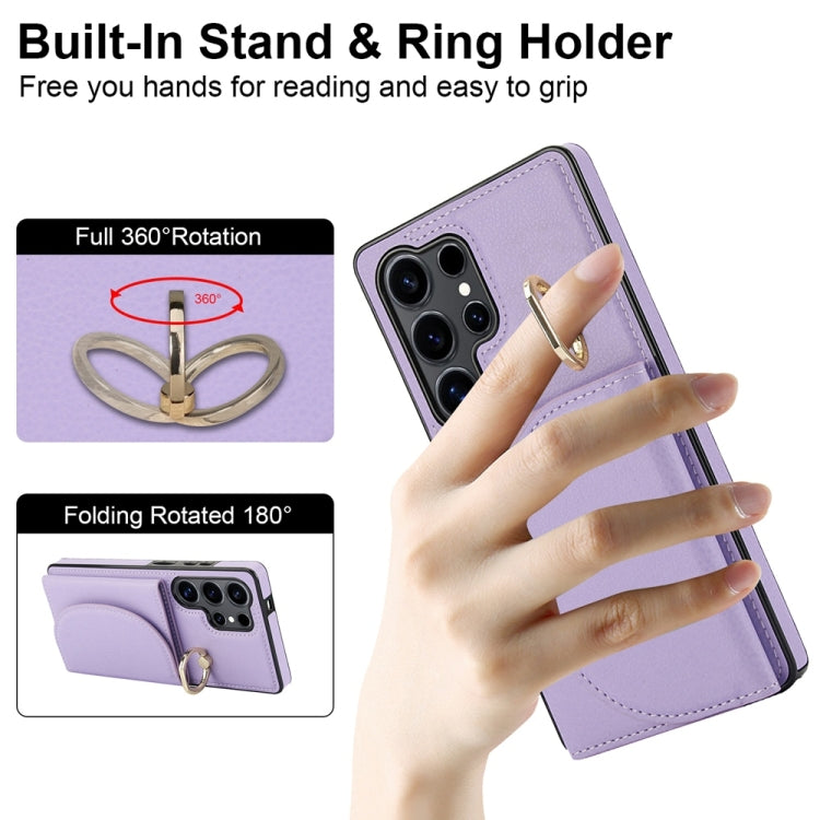 For Samsung Galaxy S25 Ultra 5G Ring Holder Card Bag Skin Feel Phone Case(Purple) - Galaxy S25 Ultra 5G Cases by buy2fix | Online Shopping UK | buy2fix