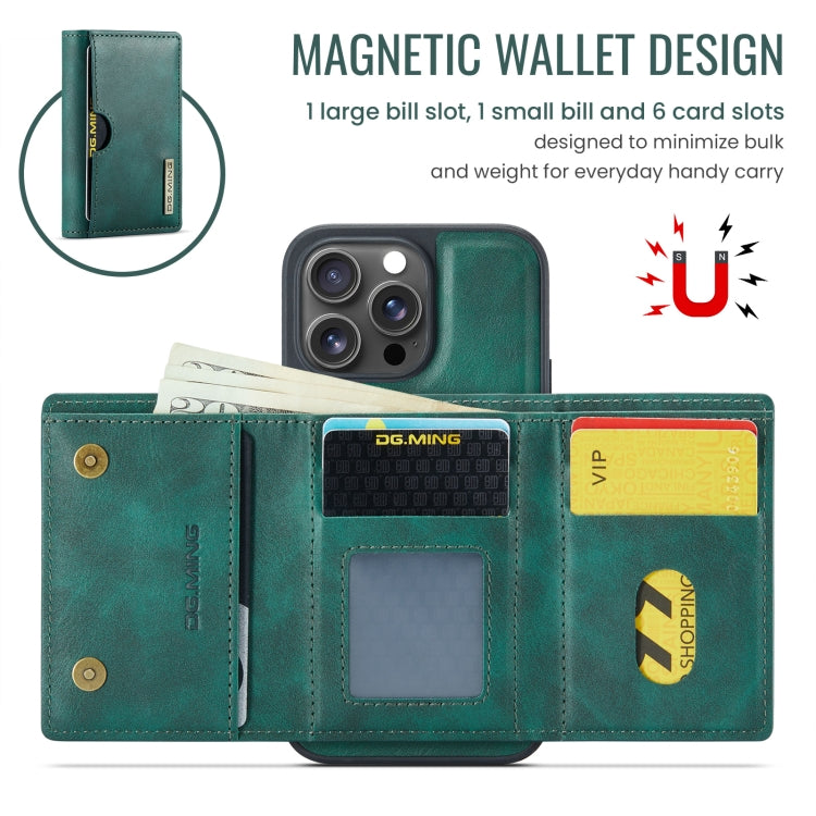 For iPhone 16 Pro DG.MING M6 Series RFID Tri-fold Card Bag Removable Leather Phone Case(Green) - iPhone 16 Pro Cases by DG.MING | Online Shopping UK | buy2fix