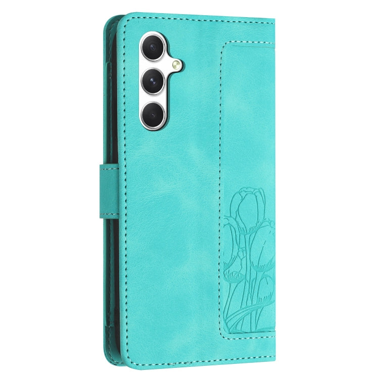 For Samsung Galaxy S25 5G Tulips Embossed Leather Phone Case with Lanyard(Green) - Galaxy S25 5G Cases by buy2fix | Online Shopping UK | buy2fix