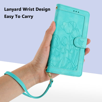 For Samsung Galaxy S25 5G Tulips Embossed Leather Phone Case with Lanyard(Green) - Galaxy S25 5G Cases by buy2fix | Online Shopping UK | buy2fix