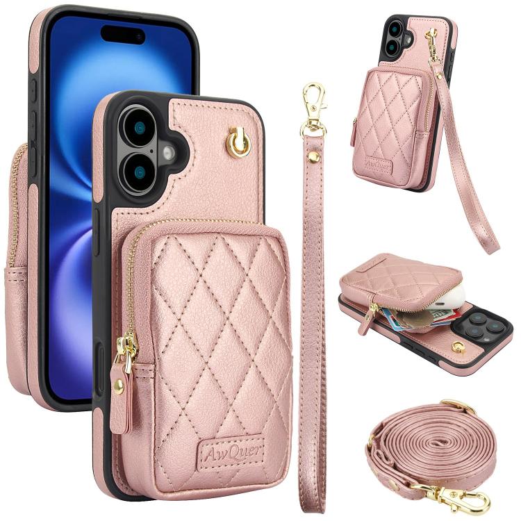 For iPhone 16 Plus AwQuer Crossbody Zipper Wallet Bag Litchi Leather Phone Case(Rose Gold) - iPhone 16 Plus Cases by Awquer | Online Shopping UK | buy2fix