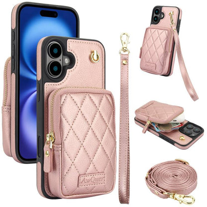 For iPhone 16 AwQuer Crossbody Zipper Wallet Bag Litchi Leather Phone Case(Rose Gold) - iPhone 16 Cases by Awquer | Online Shopping UK | buy2fix