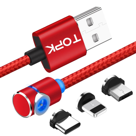 TOPK AM30 1m 2.4A Max USB to 8 Pin + USB-C / Type-C + Micro USB 90 Degree Elbow Magnetic Charging Cable with LED Indicator(Red) - Charging Cable & Head by TOPK | Online Shopping UK | buy2fix