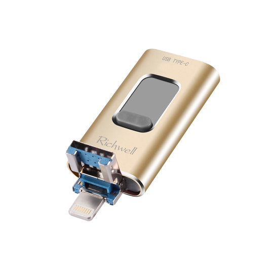 Richwell 3 in 1 64G Type-C + 8 Pin + USB 3.0 Metal Push-pull Flash Disk with OTG Function(Gold) - U Disk & Card Reader by Richwell | Online Shopping UK | buy2fix