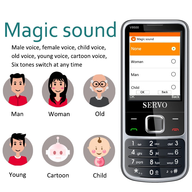SERVO V9500 Mobile Phone, Russian Key, 2.4 inch, Spredtrum SC6531CA, 21 Keys, Support Bluetooth, FM, Magic Sound, Flashlight, GSM, Quad SIM(Silver) - SERVO by SERVO | Online Shopping UK | buy2fix