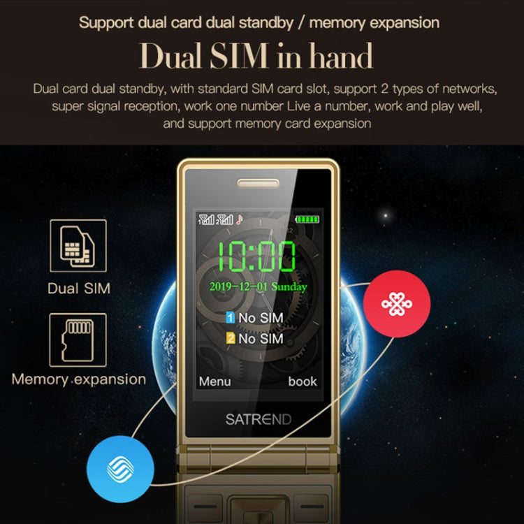 SATREND A15-M Dual-screen Flip Elder Phone, 3.0 inch + 1.77 inch, MTK6261D, Support FM, Network: 2G, Big Keys, Dual SIM(Gold) - SATREND by SATREND | Online Shopping UK | buy2fix