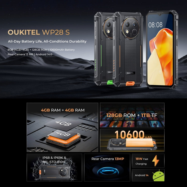 Oukitel WP28 S IP68/IP69K Rugged Phone, 4GB+128GB, Fingerprint, 6.52 inch Unisoc T606 Octa-core, NFC, OTG, Network: 4G (Orange) - OUKITEL by OUKITEL | Online Shopping UK | buy2fix