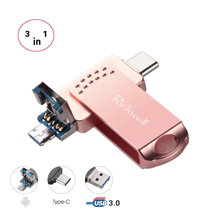 Richwell 3 in 1 128G Type-C + Micro USB + USB 3.0 Metal Flash Disk with OTG Function(Rose Gold) - U Disk & Card Reader by Richwell | Online Shopping UK | buy2fix